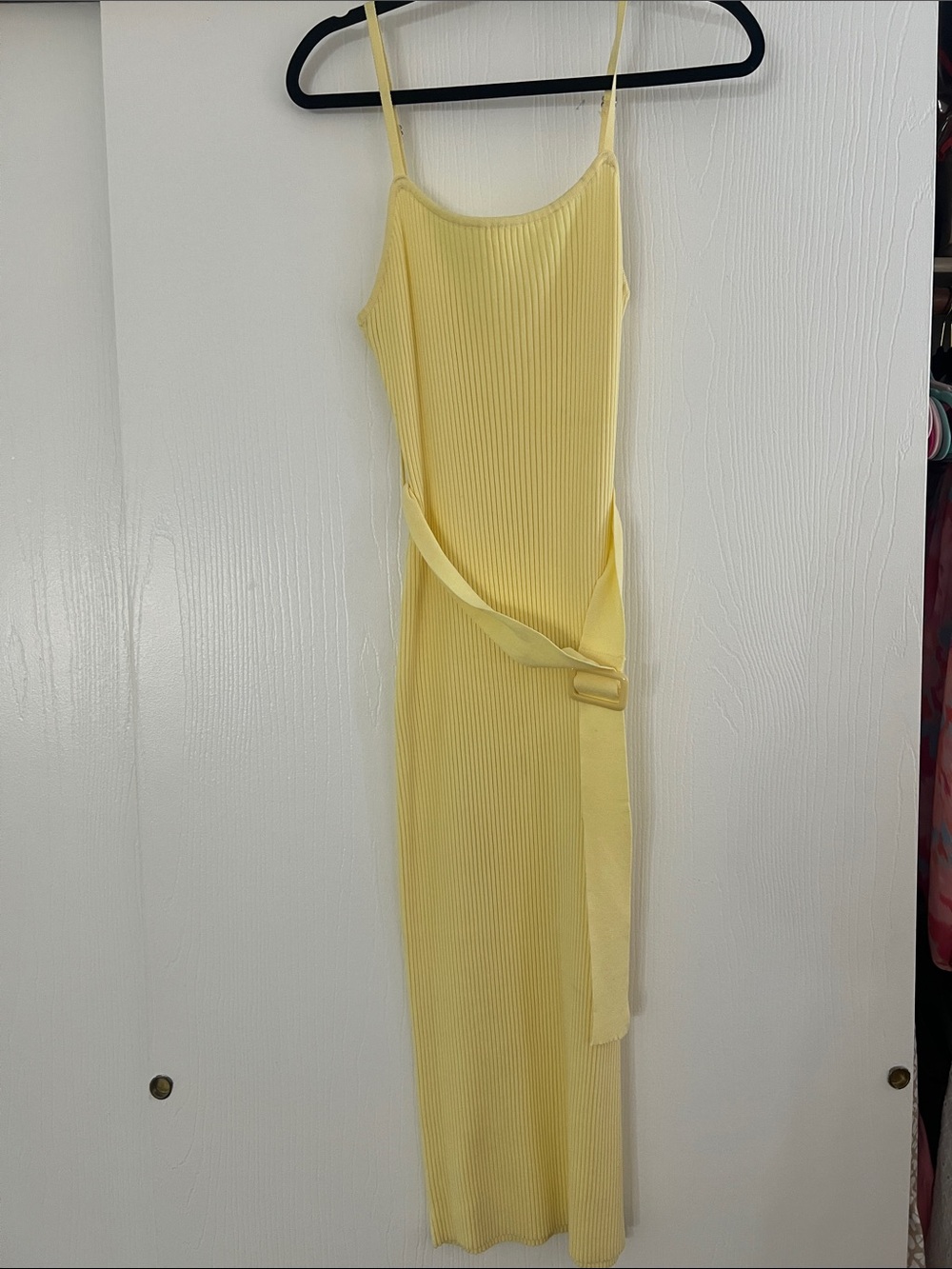 Sleek yellow Ribbed Belted Midi Dress